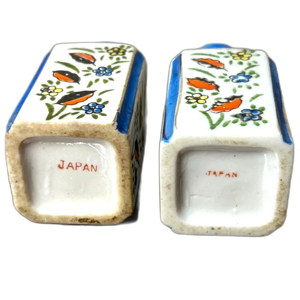 Vintage Hand-Painted Japan Salt & Pepper Shakers Floral Ceramic Blue Trim 1950s